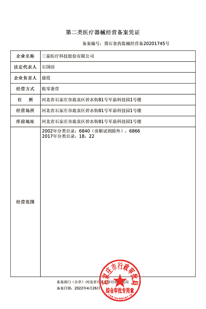 三泰醫(yī)療科技股份有限公司-二類經(jīng)營備案表
